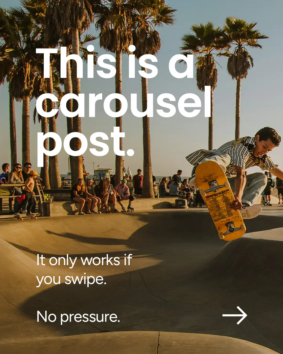 Skateboarder mid-air at skate park with palm trees and crowd, text says this is a carousel post.