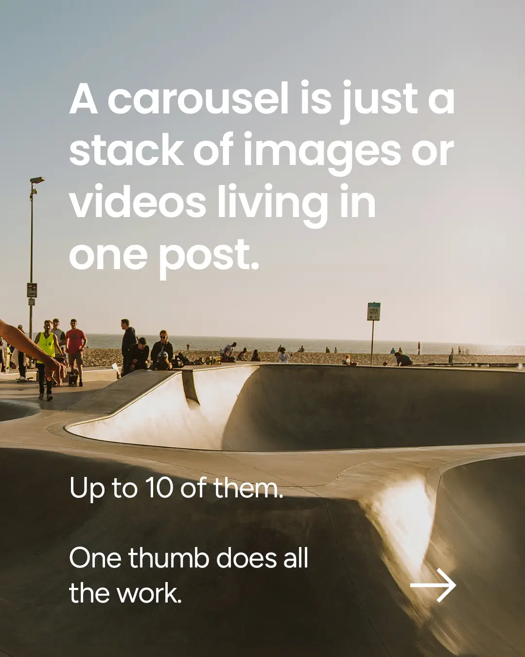 Skate park by the beach with people and text about carousels stacked with images or videos.
