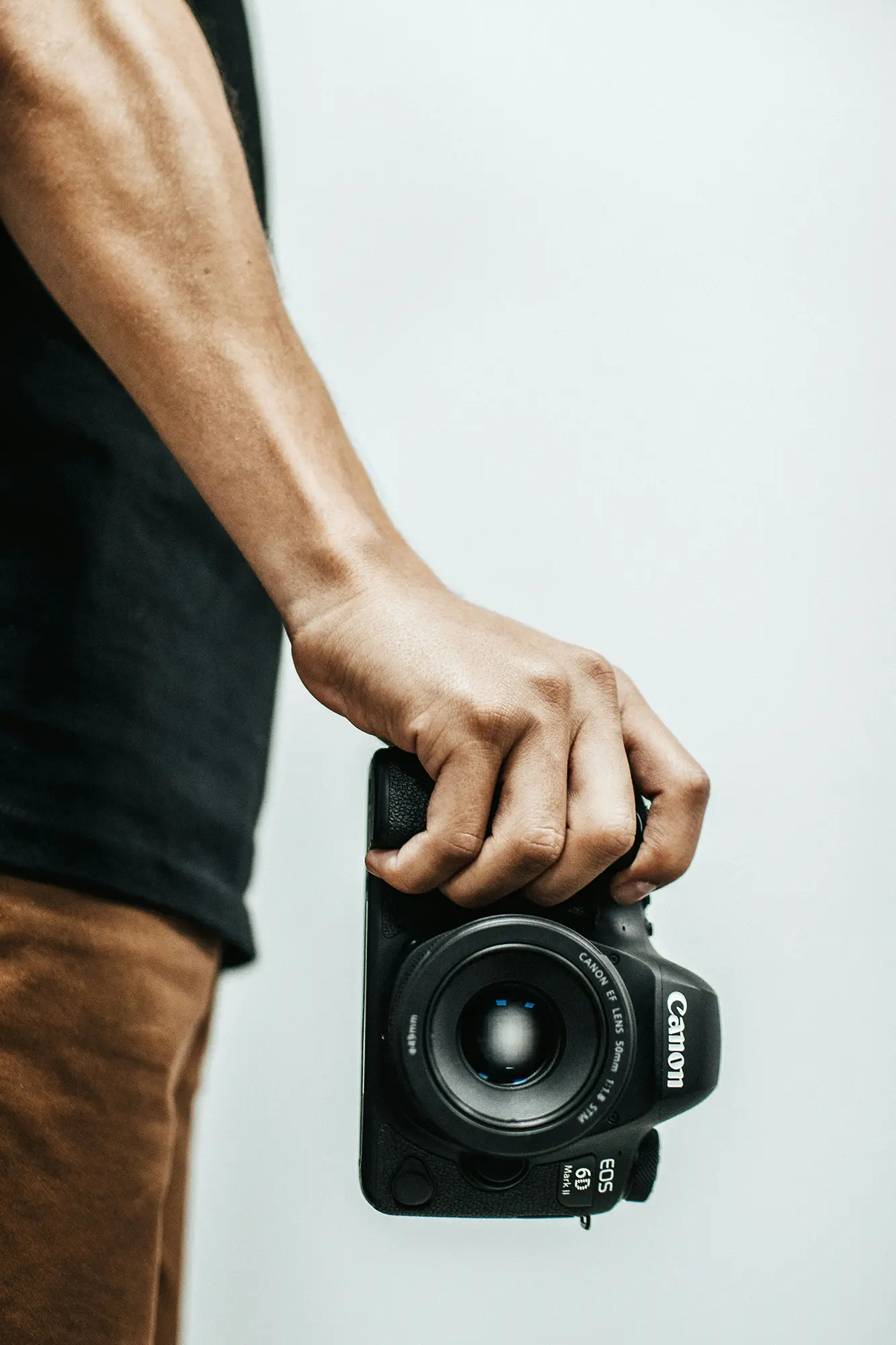 A person holding a Canon EOS 6D Mark II DSLR camera by its grip against a light background.